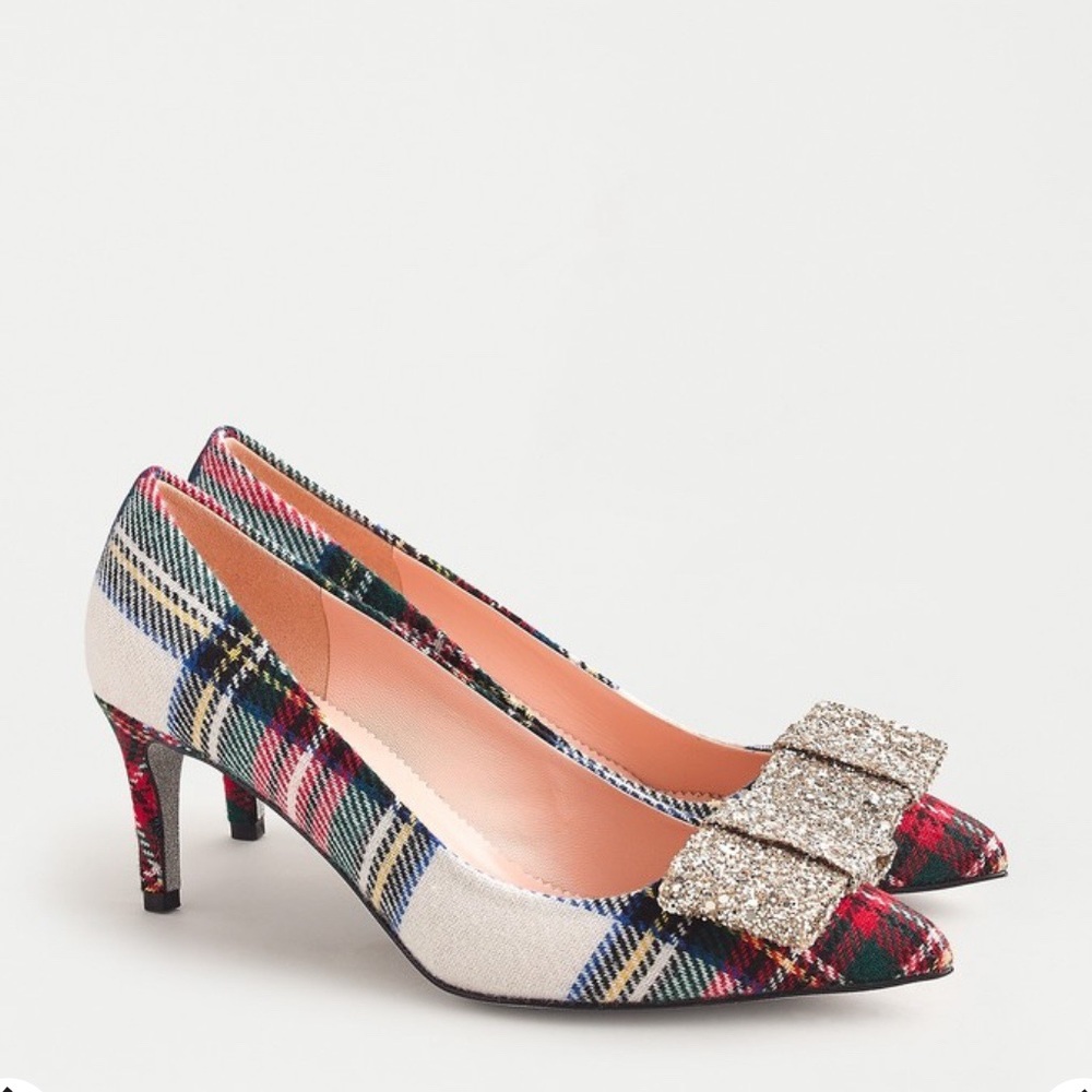 J. Crew Colette Pump in Snowy Tartan with Glitter Bow Detail, sz 10